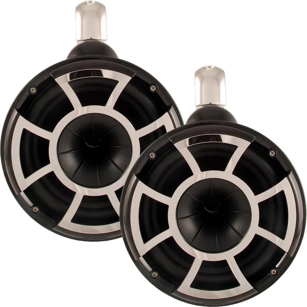 Wet Sounds - 8" Black Tower Speakers with Stainless Steel Fixed Mini Clamps & -.3 1200 Watt Amplifier