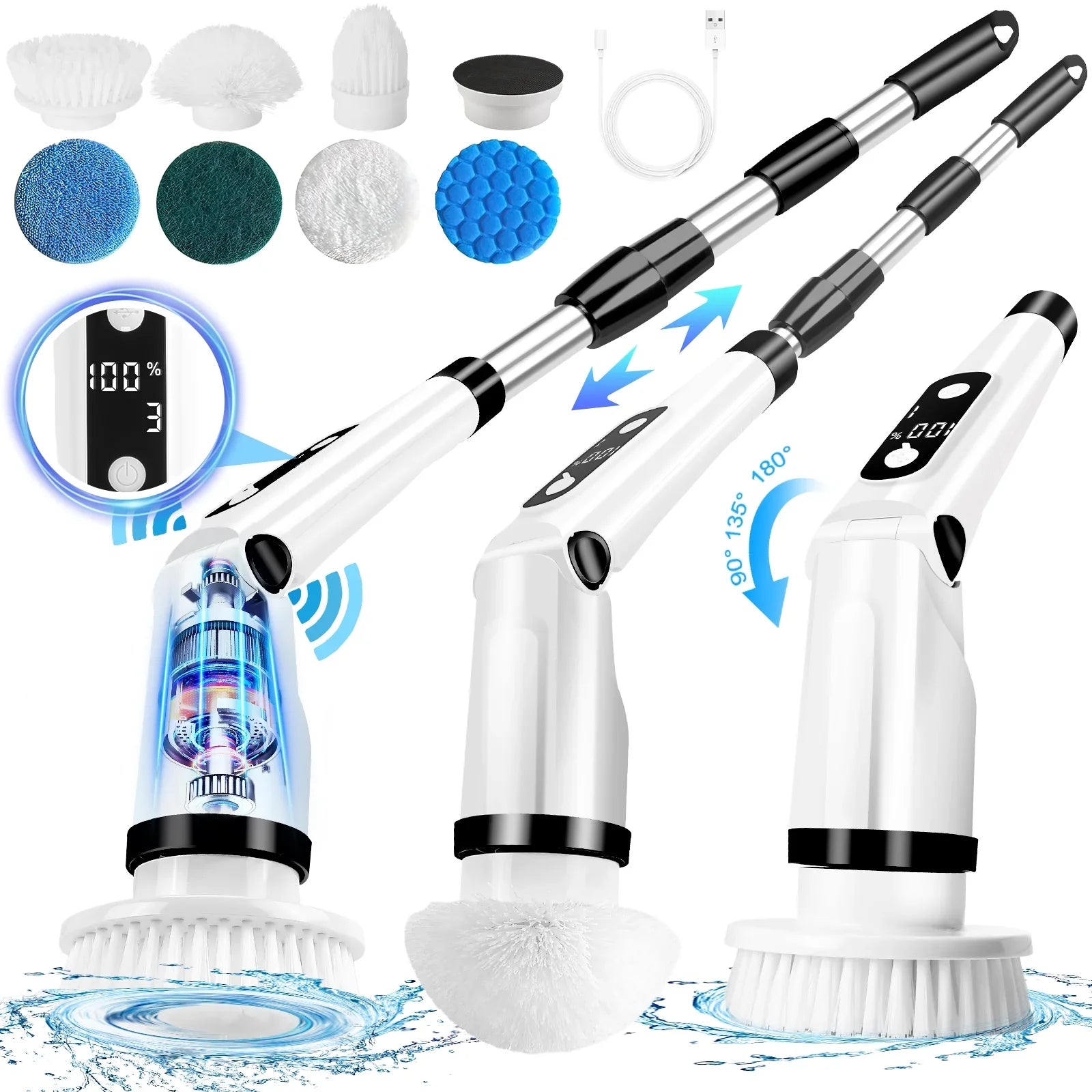 Electric Spin Scrubber,  Cordless Cleaning Brush with 8 Brush Heads,Shower Scrubber with Long Handle Household Cleaning Brushes for Bathroom Tub Tile Kitchen Floor Car