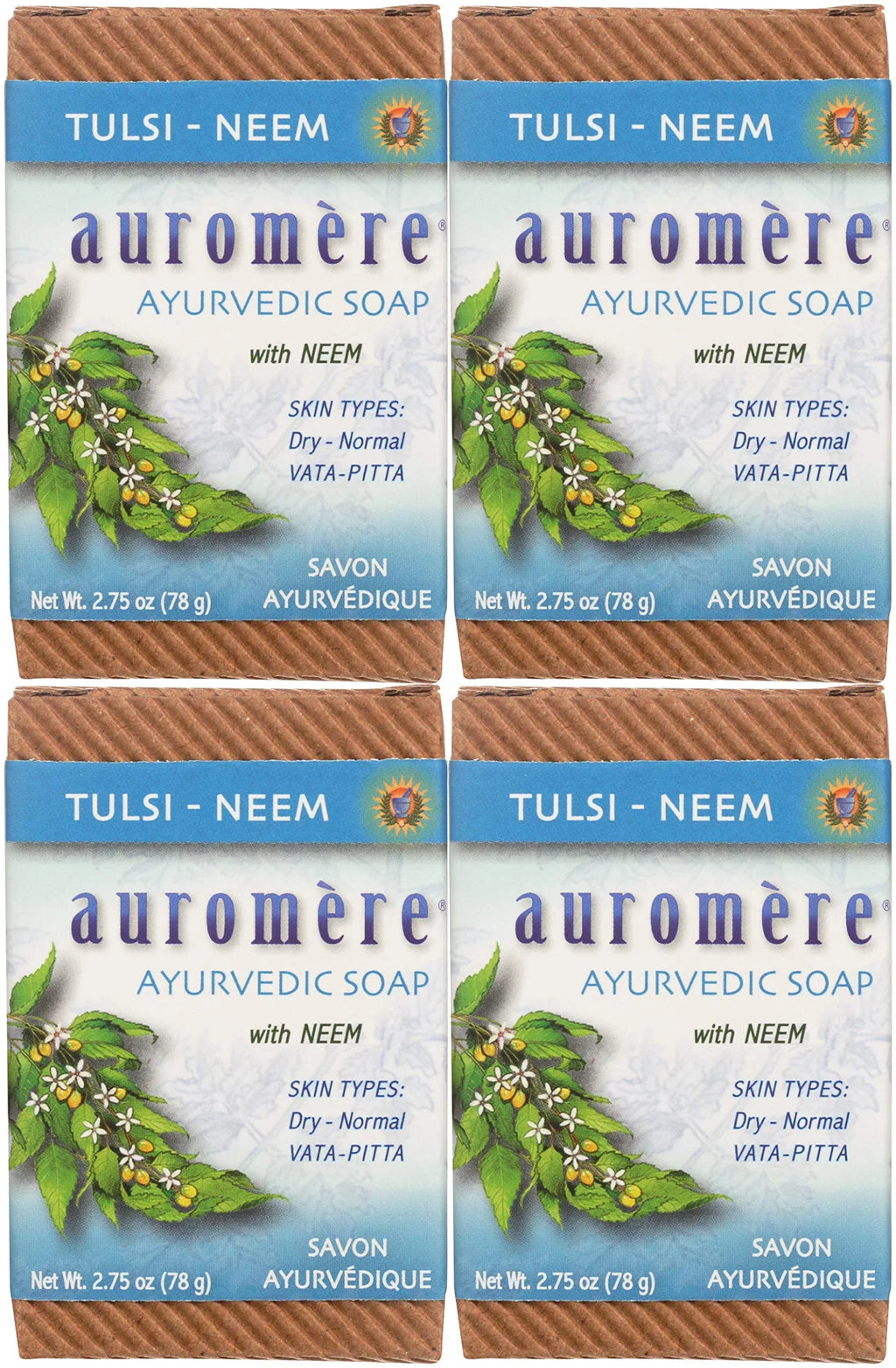 Auromere Ayurvedic Bar Soap, Tulsi Neem - Eco Friendly, Handmade, Vegan, Cruelty Free, Natural, Non Gmo (2.75 Oz), 4 Pack.