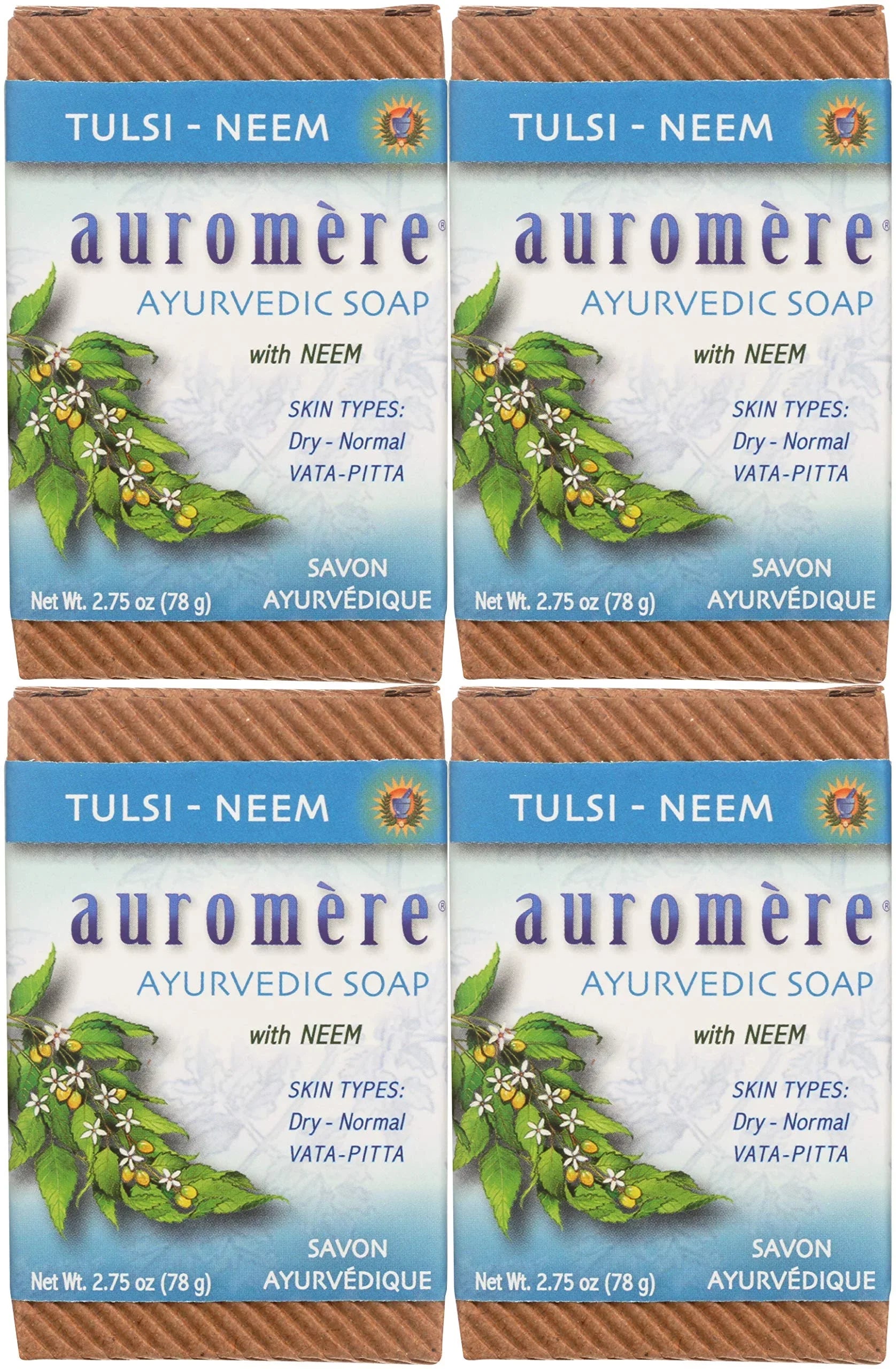 Auromere Ayurvedic Bar Soap, Tulsi Neem - Eco Friendly, Handmade, Vegan, Cruelty Free, Natural, Non Gmo (2.75 Oz), 4 Pack.