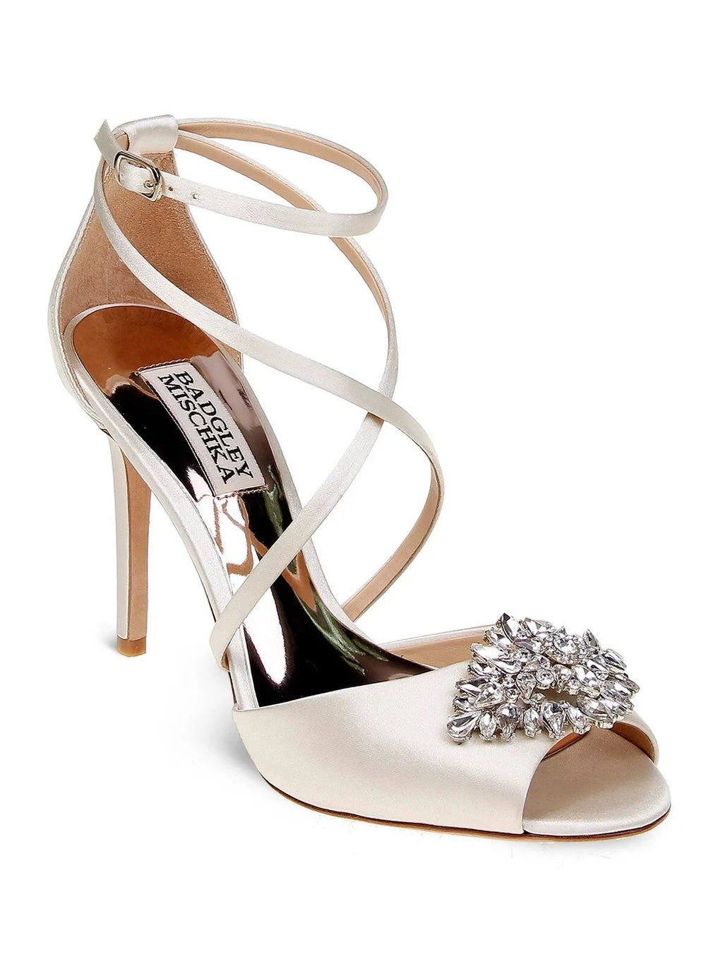 Womens Ivory Satin Beige Cushioned Footbed  Dustbag Embellished Ankle Strap Tatum Open Toe Stiletto Buckle Dress Heeled Gladiator Sandal 8