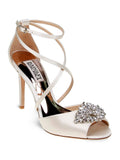 Womens Ivory Satin Beige Cushioned Footbed  Dustbag Embellished Ankle Strap Tatum Open Toe Stiletto Buckle Dress Heeled Gladiator Sandal 8