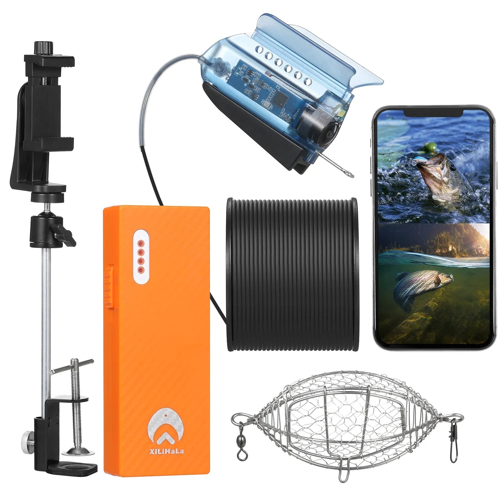Carevas 1080P Underwater Fishing Camera with  Control Fishing Live Video Camera Fish Finder with 50M Cable Mobile Phone Holder Bait Cage Carry Case for Ice Lake Sea Boat Kayak Fishing