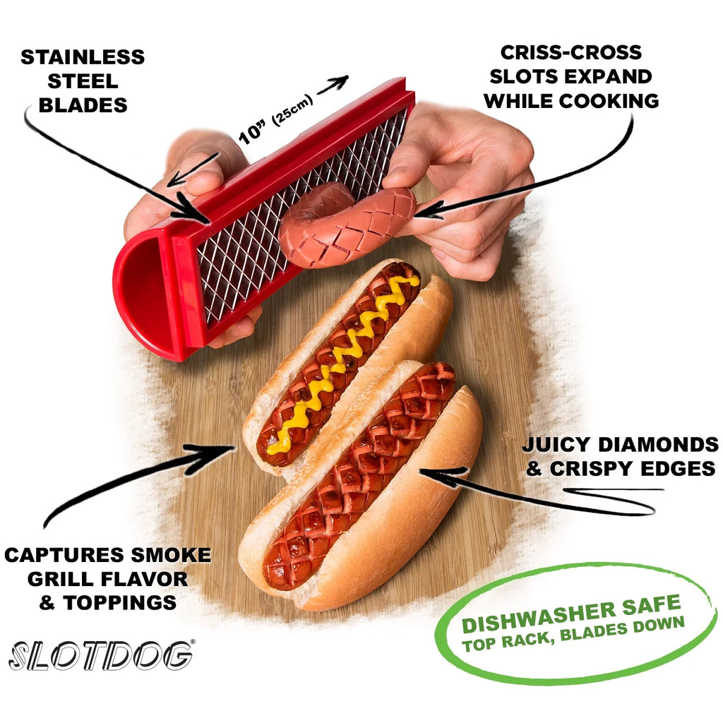 '- Hot Dog Slicing Tool - Stainless Steel Cutter Blades for Kitchen, Grilling, Tailgating, Camping and Backyard Outdoor  - 10 inch - Red