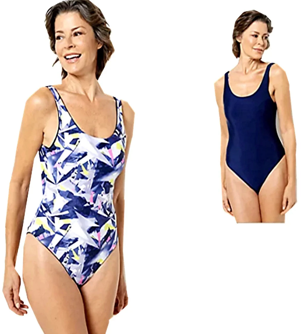 Attitudes by Renee 1-Piece Reversible Bathing Suit Swimsuit - Neon Shatter/Navy   Size  Large