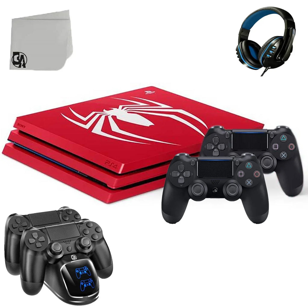 Sony PlayStation 4 Pro 1TB Gaming Console Spider-Man Limited Edition with Charging Dock Headset 2 Controller Bolt Axtion Used