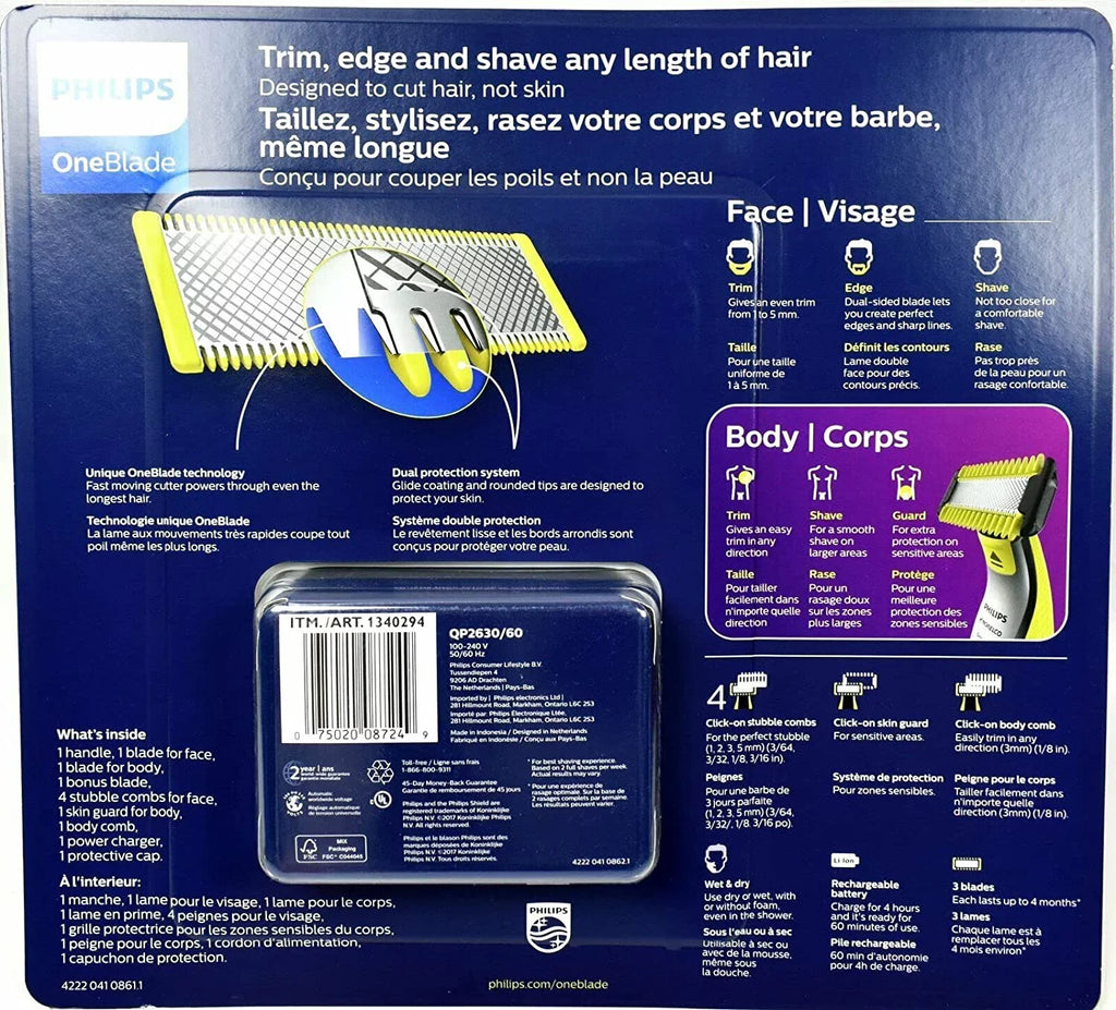 Philips Norelco OneBlade Face Body Hybrid Electric Trimmer & Shaver + Blades, Skin Guard, /60