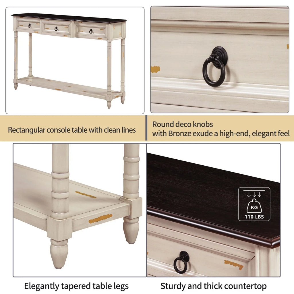 Console Table Sofa Table with Drawers for Entryway with Projecting Drawers and Long Shelf (Antique White     )