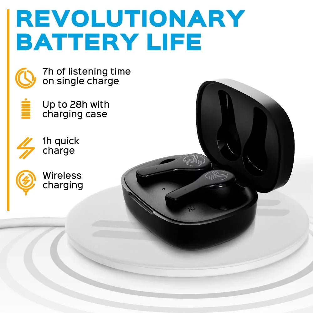 '- True Wireless Earbuds,  Waterproof Earbuds with up 28H of Play Time, Bluetooth 5.1, Touch Control and Noise Isolation, Includes Charging Case w/Wireless Charging, - Port, Black