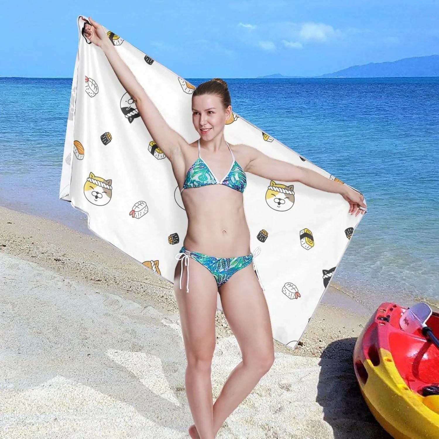 Bestwell Kitten Chef Sushi Beach Towel - Lightweight Compact Oversized Travel Towels - Super Absorbent Quick Dry Towel for Swimming Camping Holiday（164）