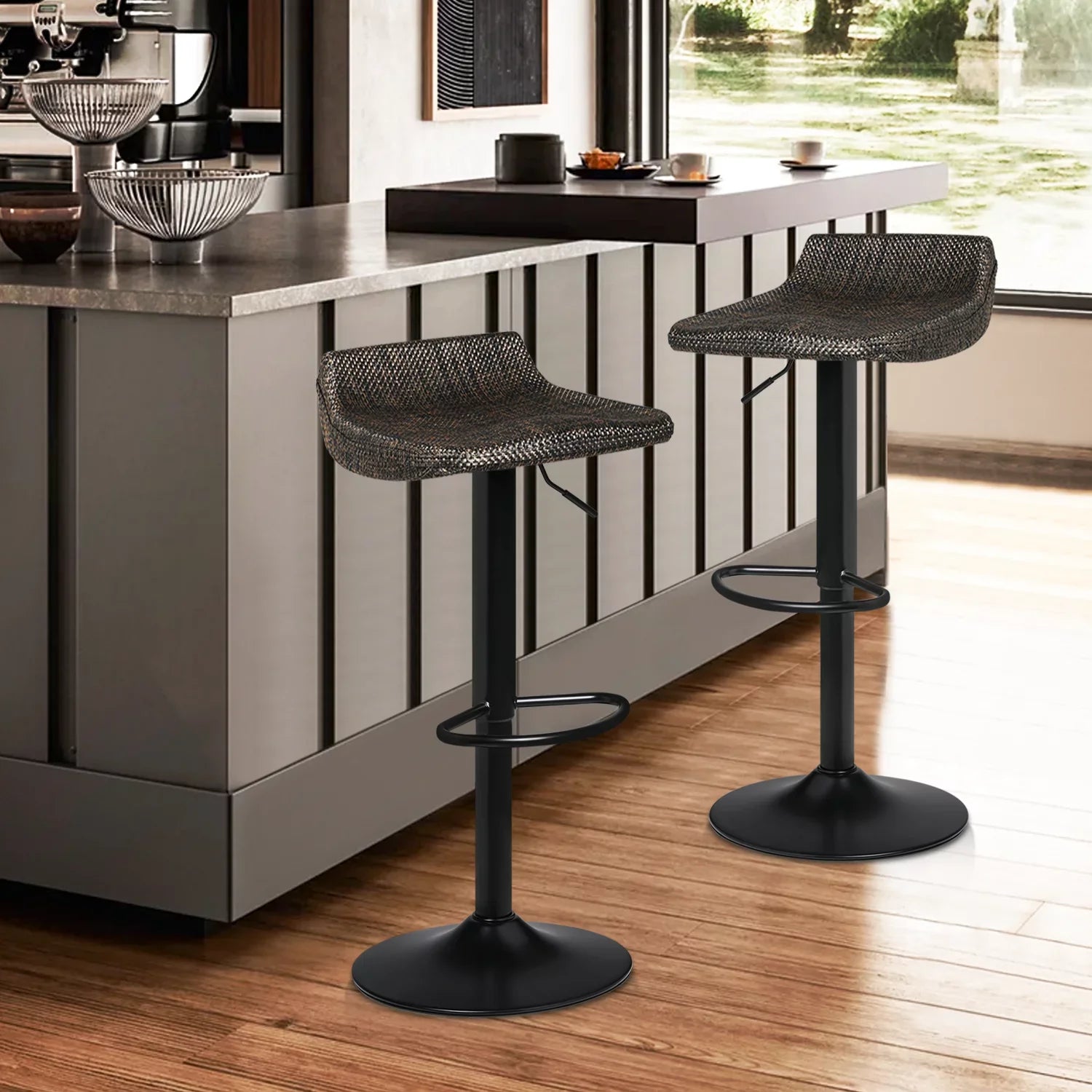 MoNiBloom Metal Bar Stools Set of 2 Counter Height Adjustable Swivel, with Footrest for Kitchen Dining Room Indoor Outdoor, Brown