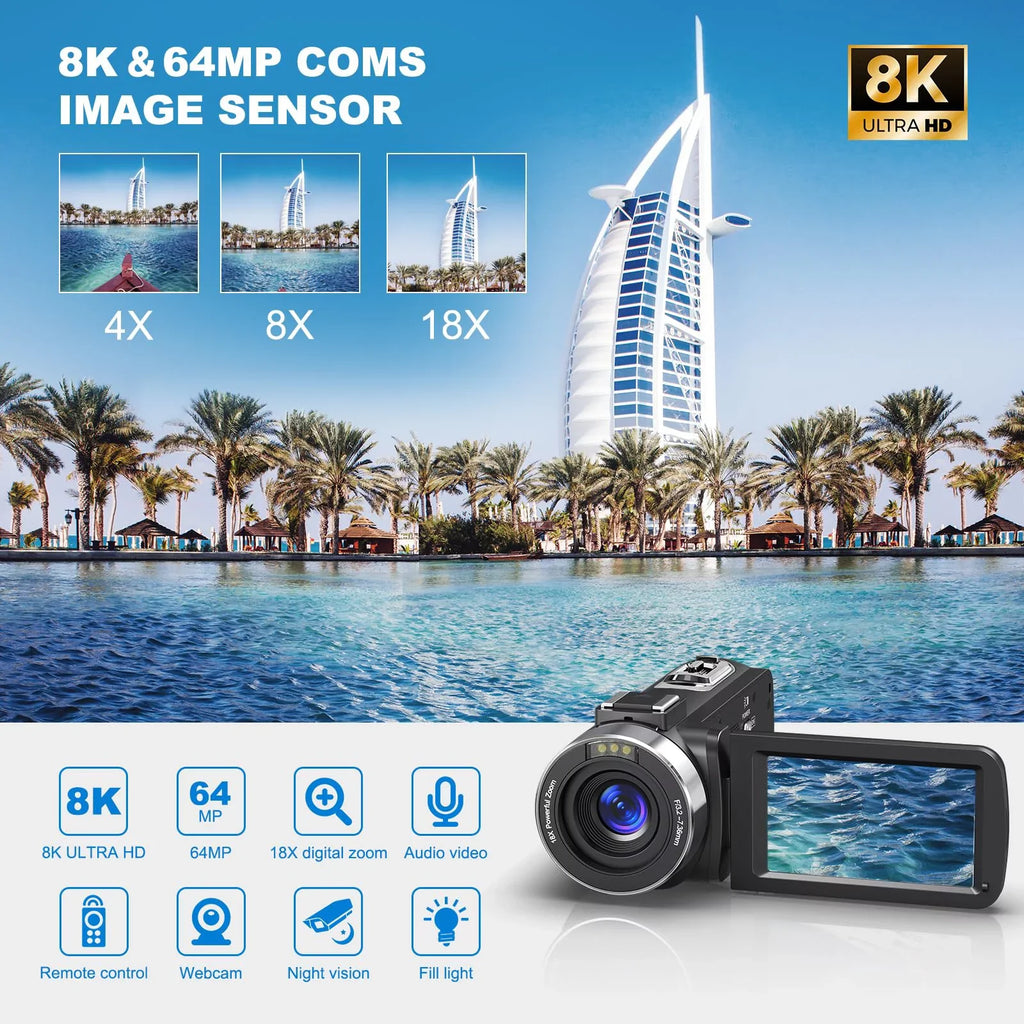 8K Video Camera 64MP 18X Digital Camera Video Camera for Youtube 3.0 inch Flip Screen Camcorder Vlogging Camera with 32GB  Card, 2.4G Remote Control, Two Batteries and External Mic