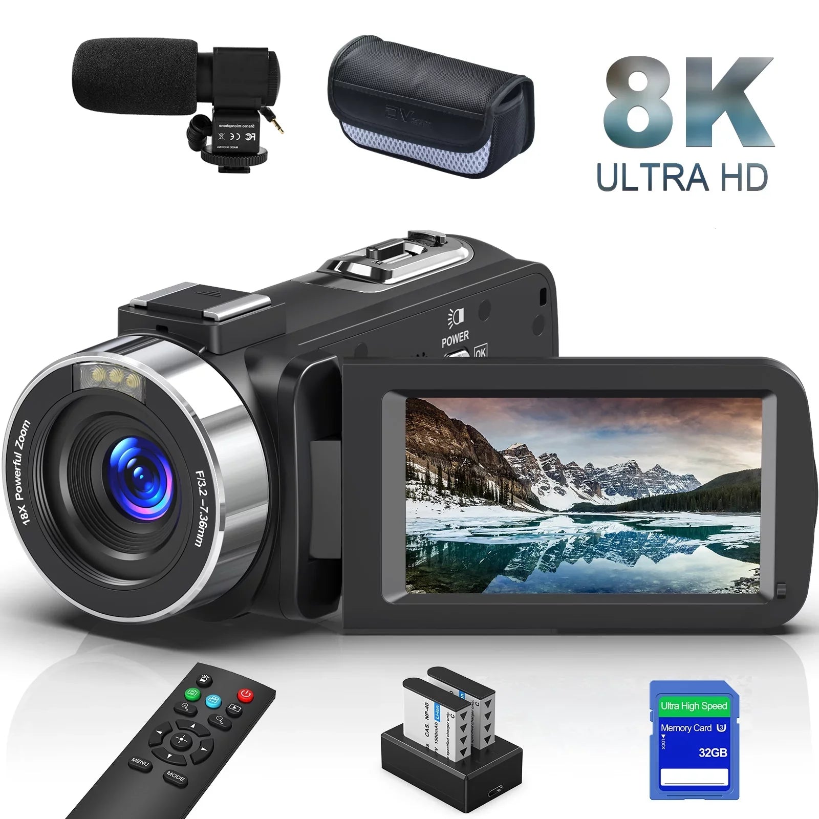 8K Video Camera 64MP 18X Digital Camera Video Camera for Youtube 3.0 inch Flip Screen Camcorder Vlogging Camera with 32GB  Card, 2.4G Remote Control, Two Batteries and External Mic
