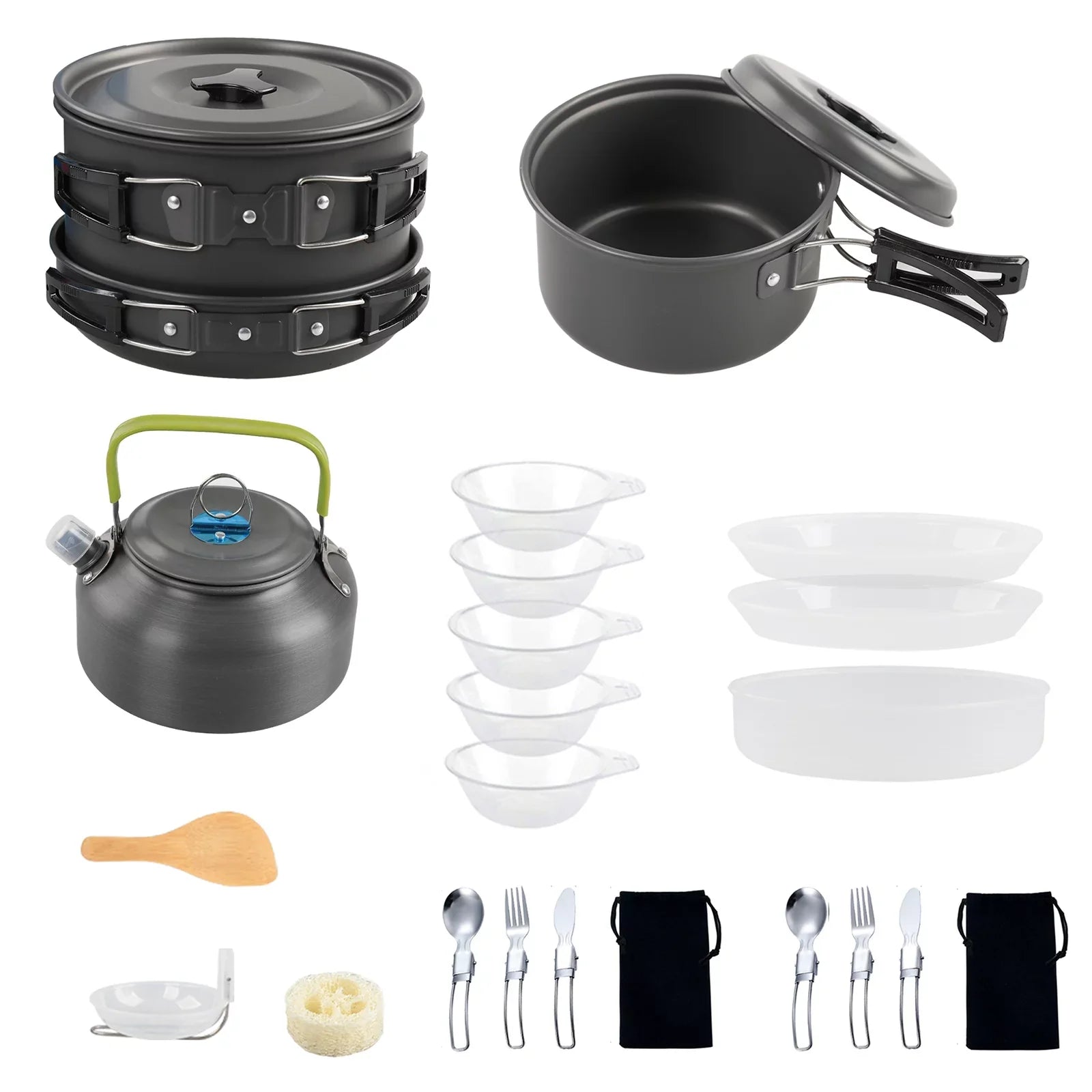 Htovila Kitchenware Set, Non-Stick Camping Cookware Mess Kit with Kettle for Hiking and Backpacking