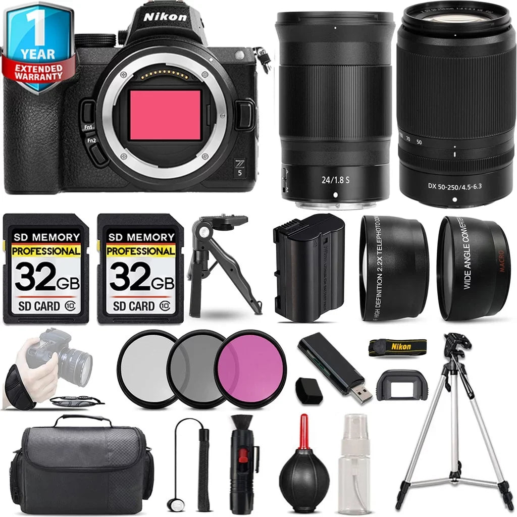 Nikon  Mirrorless Camera with 50-250mm f/4.5-6.3  Lens + 24mm f/1.8  Lens + Handbag + 3  Filter Set + 64GB