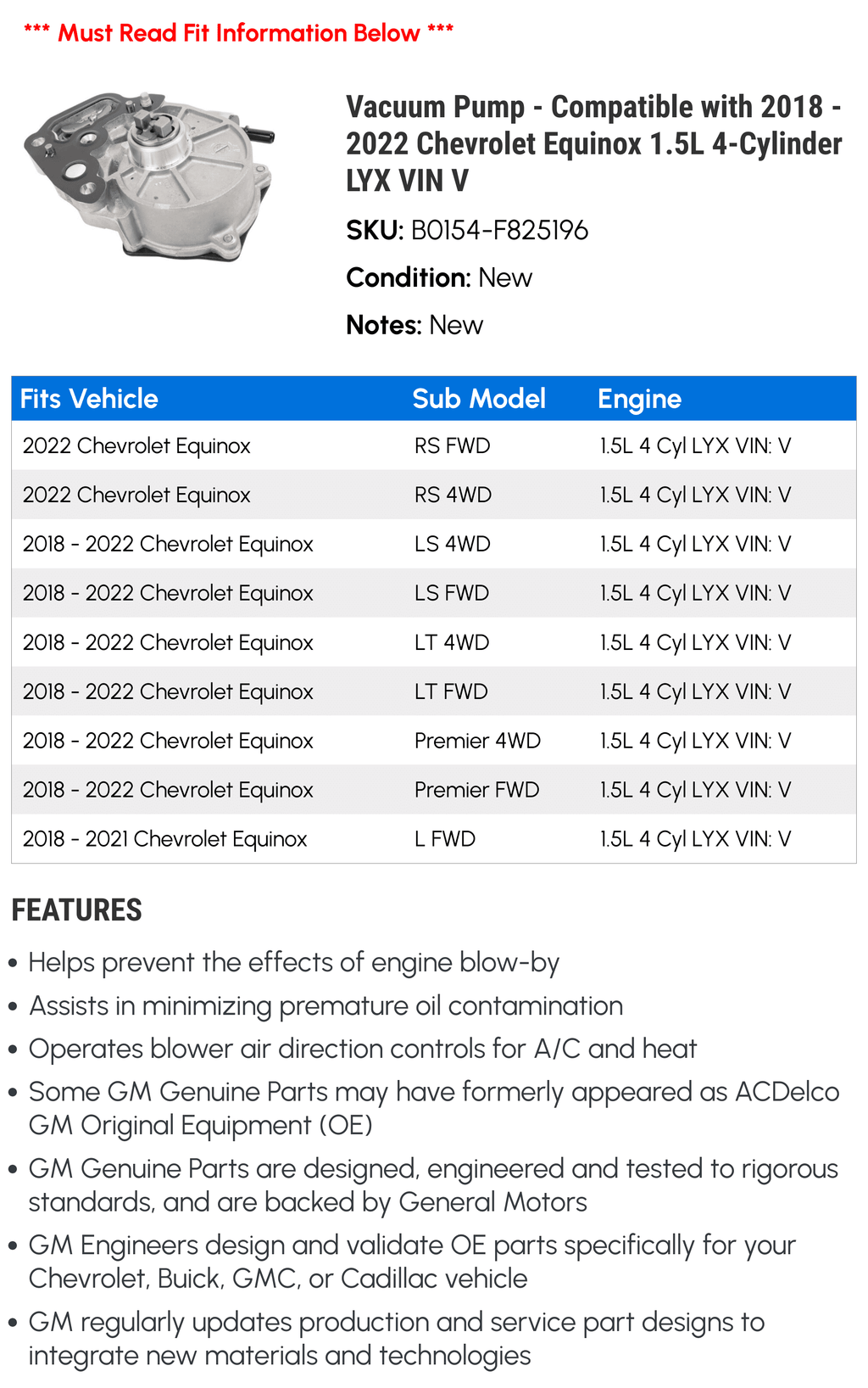 Vacuum Pump - Compatible with 2018 - 2022 Chevy Equinox 1.5L 4-Cylinder    2019 2020 2021