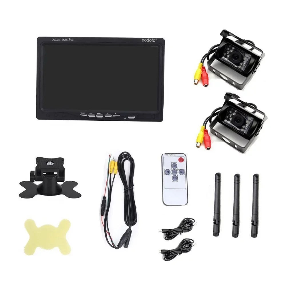 7" with Monitor Wireless Dual Backup Cameras Parking Assistance Night Vision Waterproof Rear View Camera for  Truck Trailer Bus