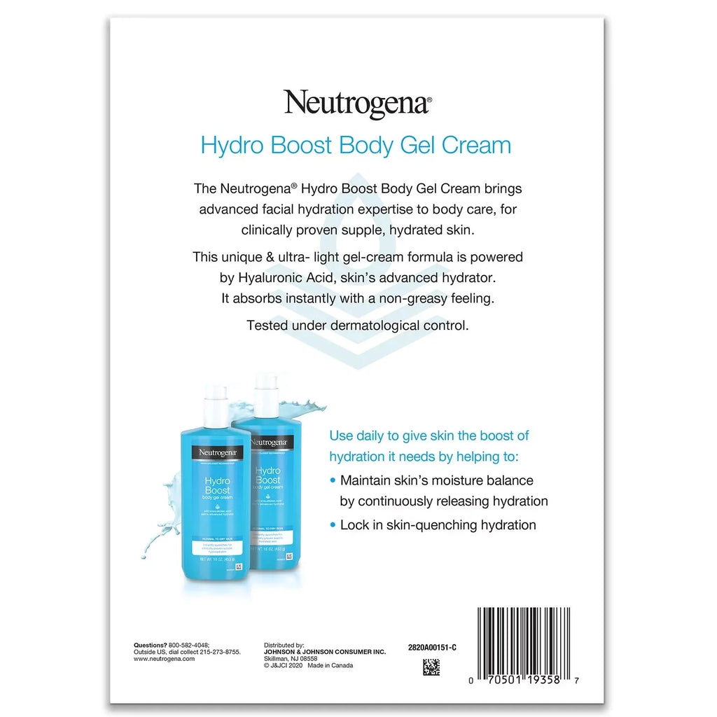 Neutrogena Hydro Boost Fragrance-Free Hydrating Body Gel Cream with Hyaluronic Acid, Fast Absorbing Cream for  (Pack of 2)