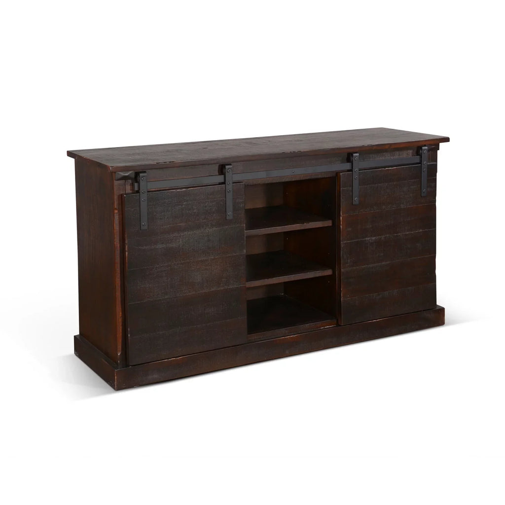 Sunny Designs 65" Barn Door Farmhouse Wood  Console in Charred Oak