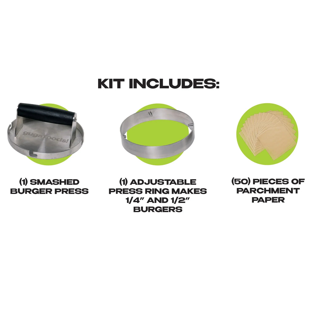 Guga Foods Adjustable Smashed Burger Press Kit, Hamburger Patty Maker, Stainless Steel