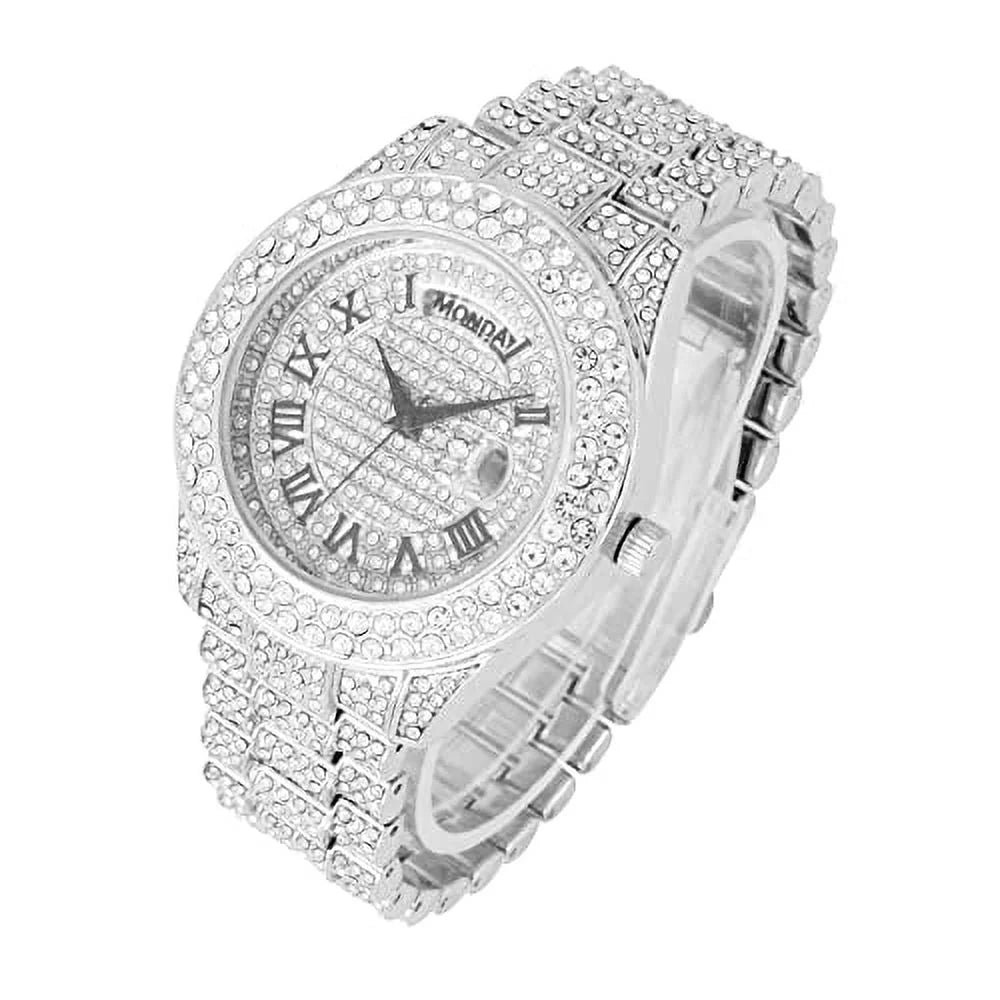 Charles Raymond Big Rocks Fully Iced Out Diamond Mens Watch w/Easy Read Date &Day and Colorful Dials- Designer Hip Hop Blinged Out Timepiece -  (- Silver)