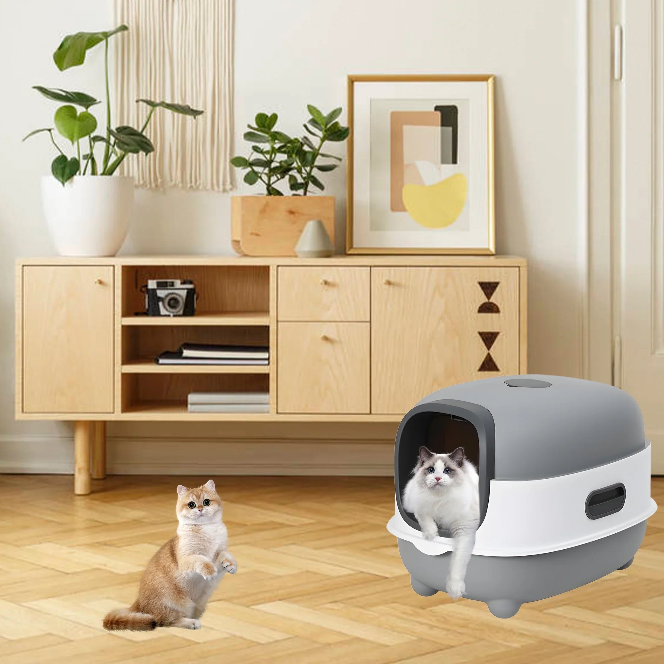 Large Cat Litter Box,Pets Enclosed Cat Litter Boxes,Odor Control,Jumbo Hooded,Gray,Door Isolate Smelly