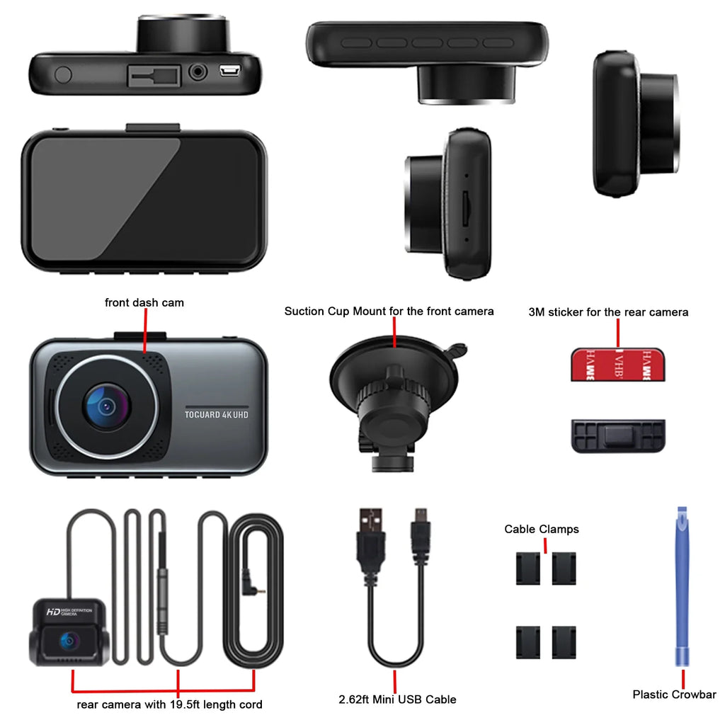 Toguard 4K Dash Cam Front and Rear Dual Dash Camera 3-inch   Car Camera with Parking Monitor, Loop Recording, -Sensor Function, Motion Detection, Built-in Battery