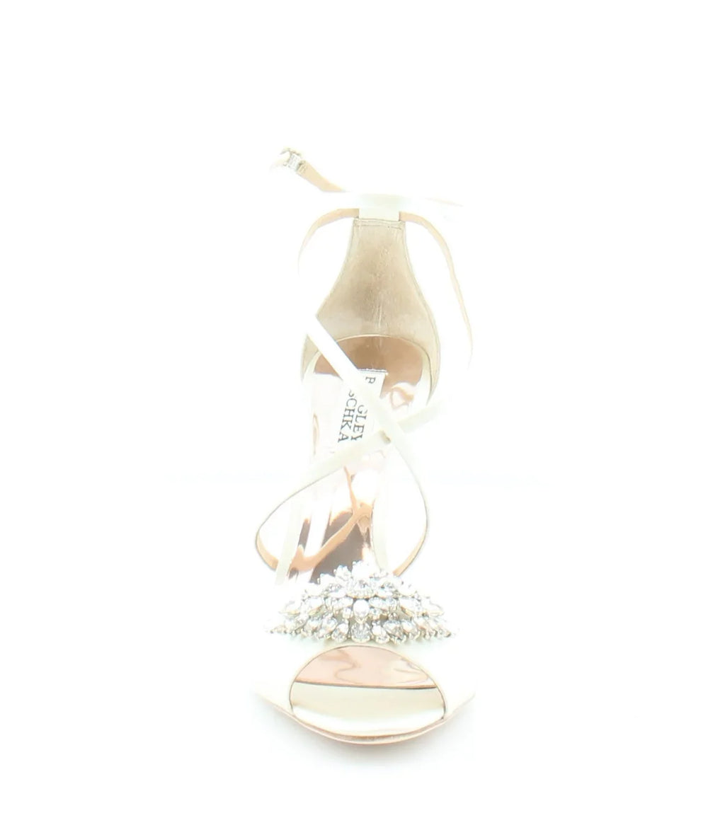 Womens Ivory Satin Beige Cushioned Footbed  Dustbag Embellished Ankle Strap Tatum Open Toe Stiletto Buckle Dress Heeled Gladiator Sandal 8