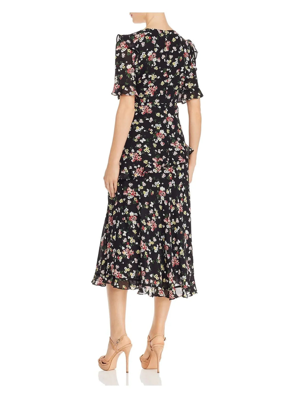 Womens Black Floral Short Sleeve  Neck Below The Knee Evening Fit + Flare Dress 2